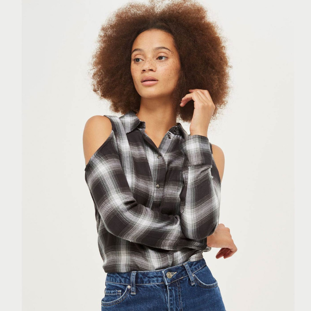 Topshop Check Cold Shoulder Shirt - Picture 2 of 8